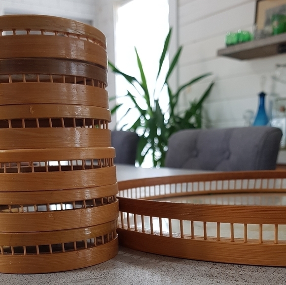 1970s Pressed Butterfly Bamboo Coaster & Tray Set - Picture 2 of 11